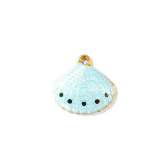 Picture of 5 PCs Eco-friendly PVD Vacuum Plating Waterproof Anti-Tarnish Hypoallergenic 304 Stainless Steel Charms 18K Real Gold Plated Light Blue Enamel Shell Pearlized 13mm x 13mm