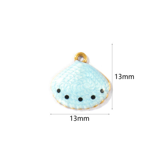Picture of 5 PCs Eco-friendly PVD Vacuum Plating Waterproof Anti-Tarnish Hypoallergenic 304 Stainless Steel Charms 18K Real Gold Plated Light Blue Enamel Shell Pearlized 13mm x 13mm