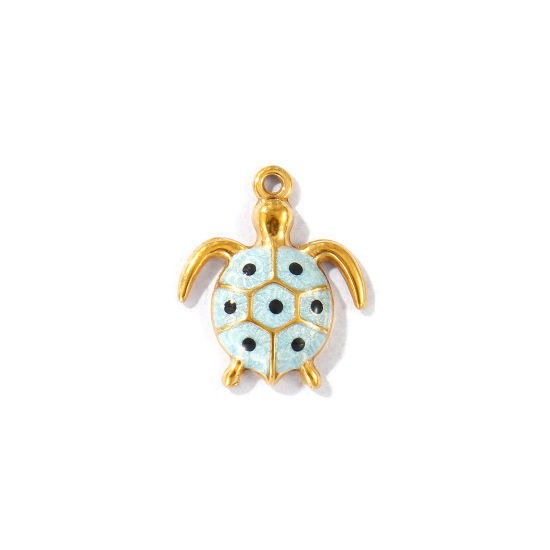 Picture of 5 PCs Eco-friendly PVD Vacuum Plating Waterproof Anti-Tarnish Hypoallergenic 304 Stainless Steel Ocean Jewelry Charms 18K Real Gold Plated Light Blue Enamel Tortoise Animal Pearlized 16.5mm x 14mm
