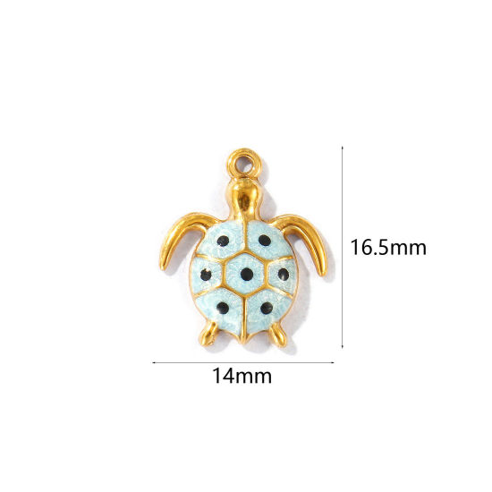 Picture of 5 PCs Eco-friendly PVD Vacuum Plating Waterproof Anti-Tarnish Hypoallergenic 304 Stainless Steel Ocean Jewelry Charms 18K Real Gold Plated Light Blue Enamel Tortoise Animal Pearlized 16.5mm x 14mm