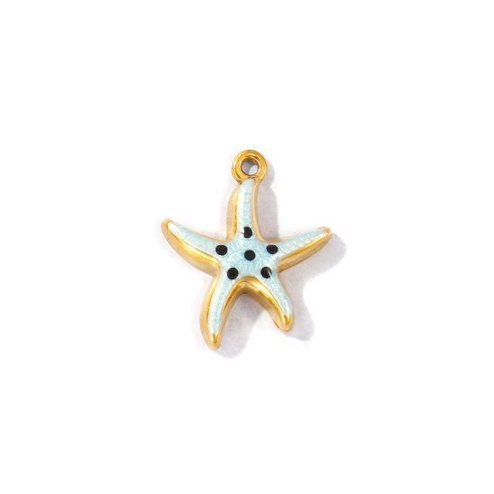 Picture of 5 PCs Eco-friendly PVD Vacuum Plating Waterproof Anti-Tarnish Hypoallergenic 304 Stainless Steel Ocean Jewelry Charms 18K Real Gold Plated Light Blue Enamel Starfish Pearlized 16mm x 14mm