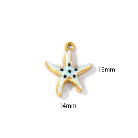 Picture of 5 PCs Eco-friendly PVD Vacuum Plating Waterproof Anti-Tarnish Hypoallergenic 304 Stainless Steel Ocean Jewelry Charms 18K Real Gold Plated Light Blue Enamel Starfish Pearlized 16mm x 14mm