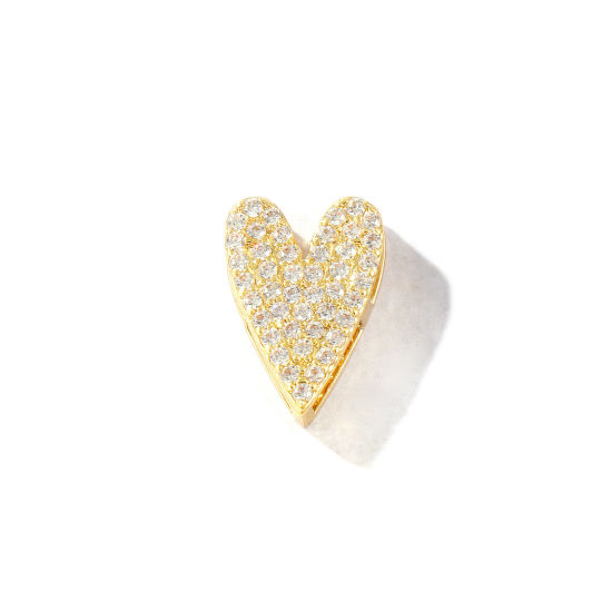 Imagen de 2 Unidades Latón día de San Valentín Cuentas Para Hacer Joyas De Bricolaje Chapado en Oro de 18K Corazón Micro Pave Claro Circón Artificial 15mm x 10.5mm