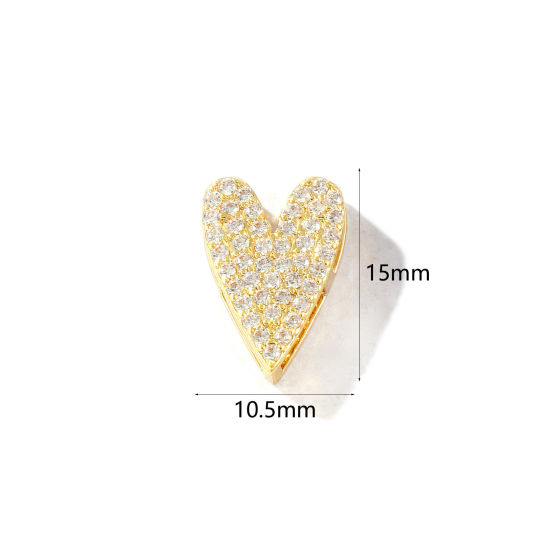 Imagen de 2 Unidades Latón día de San Valentín Cuentas Para Hacer Joyas De Bricolaje Chapado en Oro de 18K Corazón Micro Pave Claro Circón Artificial 15mm x 10.5mm