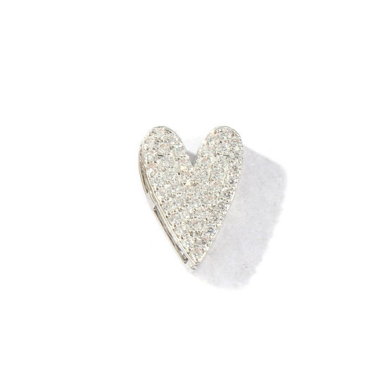 Imagen de 2 Unidades Latón día de San Valentín Cuentas Para Hacer Joyas De Bricolaje Platino Chapado Corazón Micro Pave Claro Circón Artificial 15mm x 10.5mm