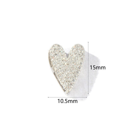 Imagen de 2 Unidades Latón día de San Valentín Cuentas Para Hacer Joyas De Bricolaje Platino Chapado Corazón Micro Pave Claro Circón Artificial 15mm x 10.5mm