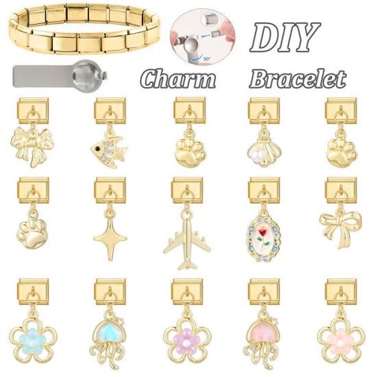 Image de 1 Pièce Maillons de Charme Italiens pour la Fabrication de Bijoux de Montres-Bracelets Modulables à Faire Soi-Même En Gros en 304 Acier Inoxydable Doré Nœuds Papillon Alliage de Zinc Pendentif 10mm x 9mm