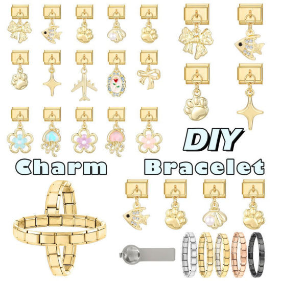 Image de 1 Pièce Maillons de Charme Italiens pour la Fabrication de Bijoux de Montres-Bracelets Modulables à Faire Soi-Même En Gros en 304 Acier Inoxydable Doré Nœuds Papillon Alliage de Zinc Pendentif 10mm x 9mm
