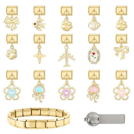 Image de 1 Pièce Maillons de Charme Italiens pour la Fabrication de Bijoux de Montres-Bracelets Modulables à Faire Soi-Même En Gros en 304 Acier Inoxydable Doré Nœuds Papillon Alliage de Zinc Pendentif 10mm x 9mm