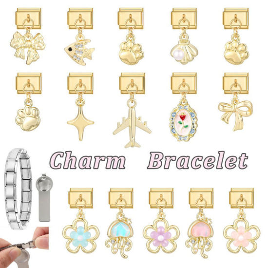 Image de 1 Pièce Maillons de Charme Italiens pour la Fabrication de Bijoux de Montres-Bracelets Modulables à Faire Soi-Même En Gros en 304 Acier Inoxydable Doré Nœuds Papillon Alliage de Zinc Pendentif 10mm x 9mm