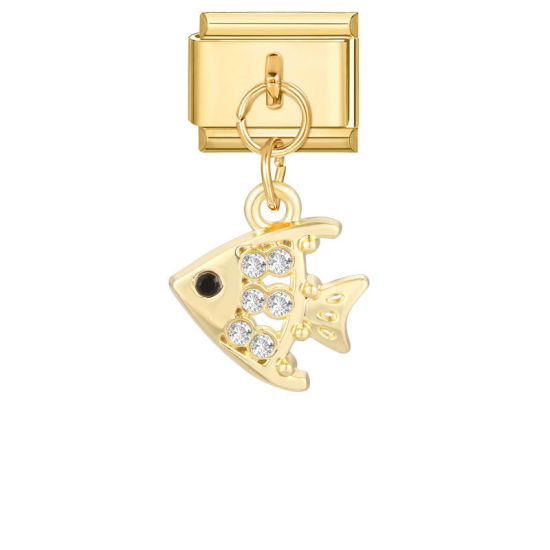 Image de 1 Pièce Maillons de Charme Italiens pour la Fabrication de Bijoux de Montres-Bracelets Modulables à Faire Soi-Même En Gros en 304 Acier Inoxydable Doré Poisson à Strass Transparent Alliage de Zinc Pendentif 10mm x 9mm