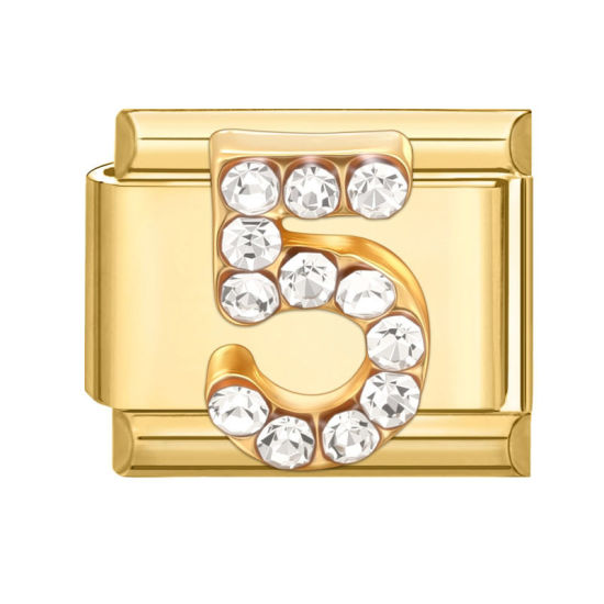 Image de 1 Pièce Maillons de Charme Italiens pour la Fabrication de Bijoux de Montres-Bracelets Modulables à Faire Soi-Même En Gros en 304 Acier Inoxydable Doré Rectangle Mots " 5 " à Strass Transparent 10mm x 9mm