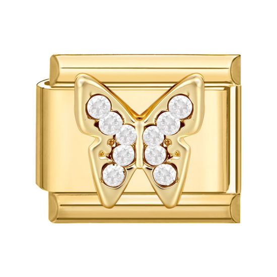 Image de 1 Pièce Maillons de Charme Italiens pour la Fabrication de Bijoux de Montres-Bracelets Modulables à Faire Soi-Même En Gros en 304 Acier Inoxydable Doré Rectangle Papillons à Strass Transparent 10mm x 9mm