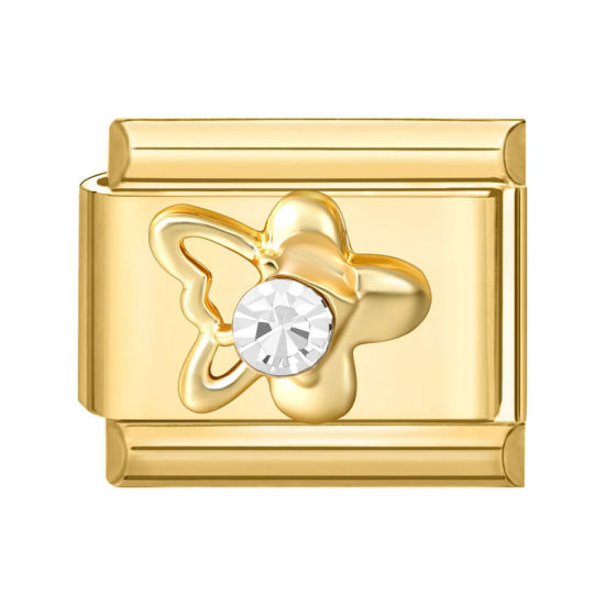 Image de 1 Pièce Maillons de Charme Italiens pour la Fabrication de Bijoux de Montres-Bracelets Modulables à Faire Soi-Même En Gros en 304 Acier Inoxydable Doré Rectangle Fleurs à Strass Transparent 10mm x 9mm