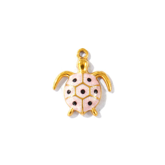 Picture of 5 PCs Eco-friendly PVD Waterproof Anti-Tarnish Hypoallergenic 304 Stainless Steel Ocean Jewelry Charms Wholesale 18K Real Gold Plated Pink Enamel Tortoise Animal Pearlized 16mm x 14mm
