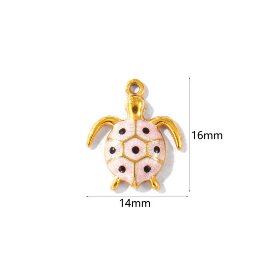 Picture of 5 PCs Eco-friendly PVD Waterproof Anti-Tarnish Hypoallergenic 304 Stainless Steel Ocean Jewelry Charms Wholesale 18K Real Gold Plated Pink Enamel Tortoise Animal Pearlized 16mm x 14mm