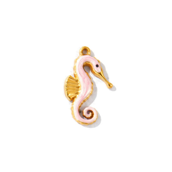 Picture of 5 PCs Eco-friendly PVD Waterproof Anti-Tarnish Hypoallergenic 304 Stainless Steel Ocean Jewelry Charms Wholesale 18K Real Gold Plated Pink Enamel Seahorse Animal Pearlized 20mm x 12mm