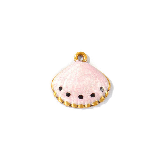 Picture of 5 PCs Eco-friendly PVD Waterproof Anti-Tarnish Hypoallergenic 304 Stainless Steel Ocean Jewelry Charms Wholesale 18K Real Gold Plated Pink Enamel Shell Pearlized 14mm x 13mm