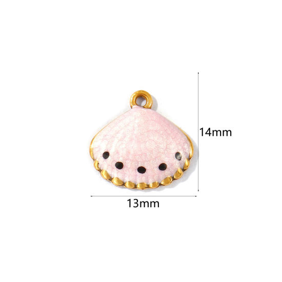 Picture of 5 PCs Eco-friendly PVD Waterproof Anti-Tarnish Hypoallergenic 304 Stainless Steel Ocean Jewelry Charms Wholesale 18K Real Gold Plated Pink Enamel Shell Pearlized 14mm x 13mm