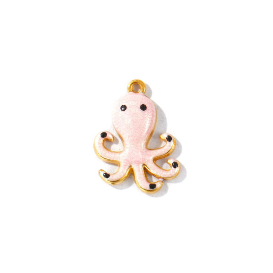 Picture of 5 PCs Eco-friendly PVD Waterproof Anti-Tarnish Hypoallergenic 304 Stainless Steel Ocean Jewelry Charms Wholesale 18K Real Gold Plated Pink Enamel Octopus Pearlized 18mm x 14mm