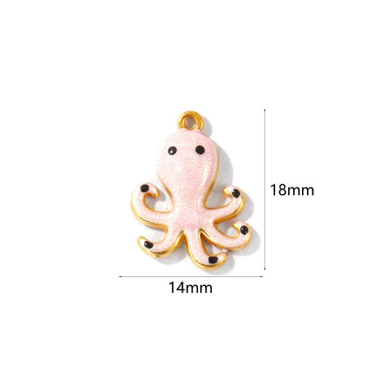 Picture of 5 PCs Eco-friendly PVD Waterproof Anti-Tarnish Hypoallergenic 304 Stainless Steel Ocean Jewelry Charms Wholesale 18K Real Gold Plated Pink Enamel Octopus Pearlized 18mm x 14mm