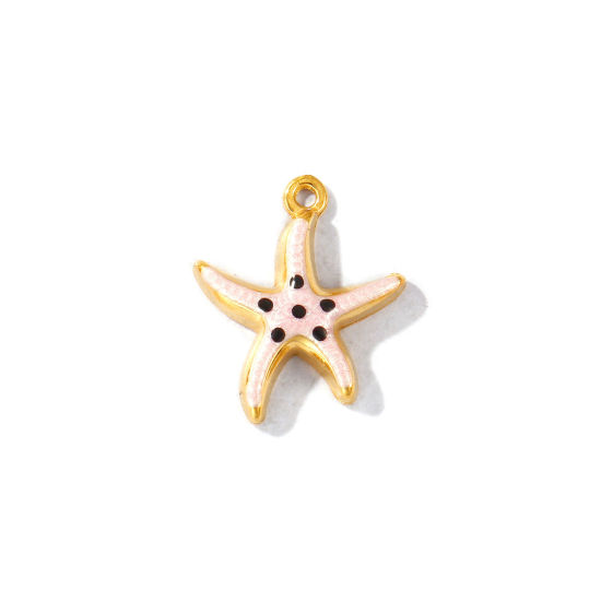 Picture of 5 PCs Eco-friendly PVD Waterproof Anti-Tarnish Hypoallergenic 304 Stainless Steel Ocean Jewelry Charms Wholesale 18K Real Gold Plated Pink Enamel Starfish Pearlized 16mm x 14mm