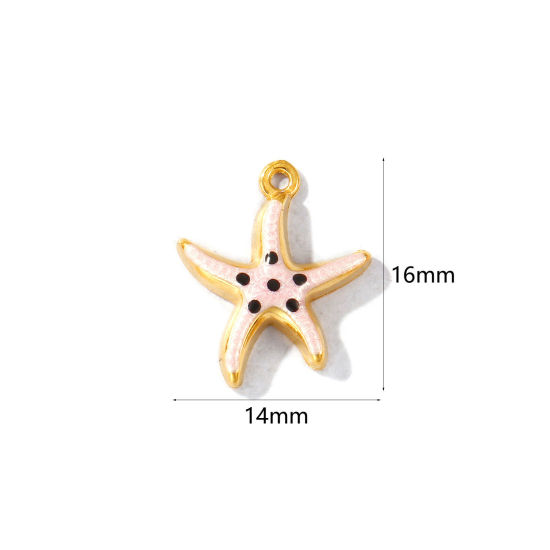 Picture of 5 PCs Eco-friendly PVD Waterproof Anti-Tarnish Hypoallergenic 304 Stainless Steel Ocean Jewelry Charms Wholesale 18K Real Gold Plated Pink Enamel Starfish Pearlized 16mm x 14mm