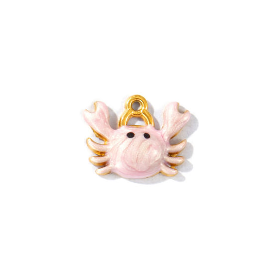 Picture of 5 PCs Eco-friendly PVD Waterproof Anti-Tarnish Hypoallergenic 304 Stainless Steel Ocean Jewelry Charms Wholesale 18K Real Gold Plated Pink Enamel Crab Animal Pearlized 14mm x 11mm