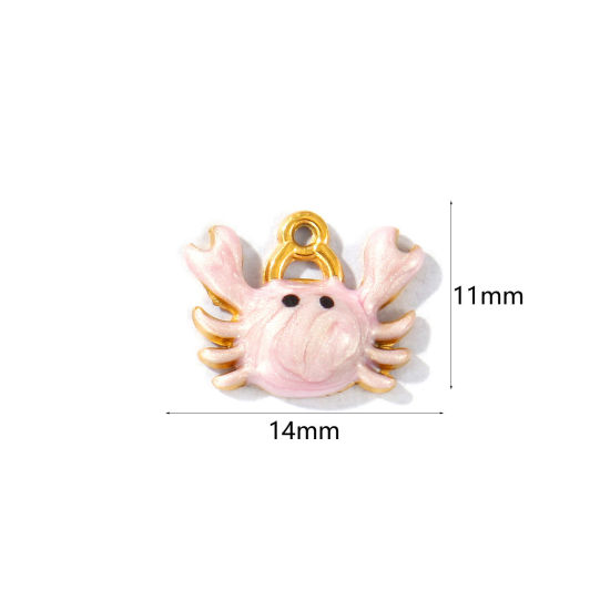 Picture of 5 PCs Eco-friendly PVD Waterproof Anti-Tarnish Hypoallergenic 304 Stainless Steel Ocean Jewelry Charms Wholesale 18K Real Gold Plated Pink Enamel Crab Animal Pearlized 14mm x 11mm