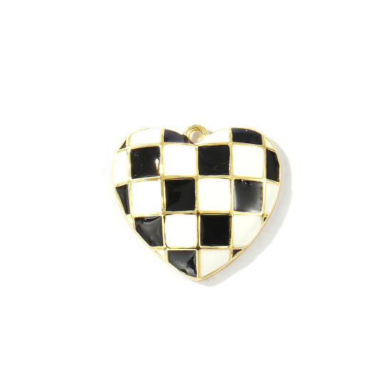 Image de 2 Pcs Breloques En Gros La Saint Valentin en Laiton Plaqué Or 18K Noir & Blanc Émail Cœur Carreau 22mm x 20mm