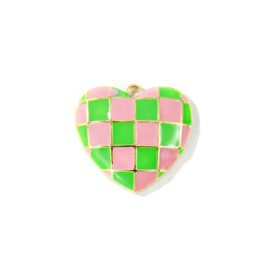 Image de 2 Pcs Breloques En Gros La Saint Valentin en Laiton Plaqué Or 18K Rose & Gris Émail Cœur Carreau 22mm x 20mm
