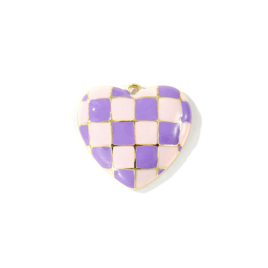 Image de 2 Pcs Breloques En Gros La Saint Valentin en Laiton Plaqué Or 18K Violet & Rose Émail Cœur Carreau 22mm x 20mm