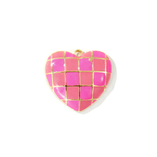 Image de 2 Pcs Breloques En Gros La Saint Valentin en Laiton Plaqué Or 18K Rose Émail Cœur Carreau 22mm x 20mm