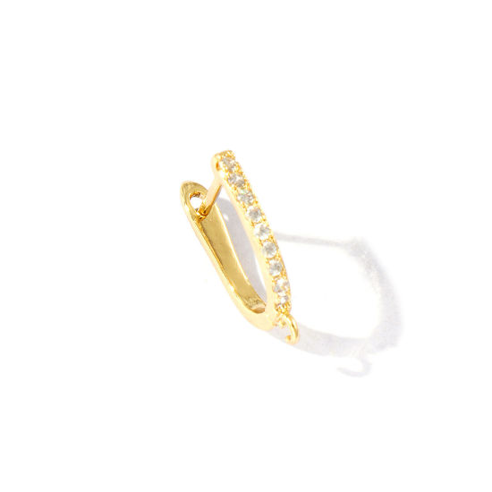 Picture of 2 PCs Brass Micro Pave Huggie Hoop Earrings Wholesale 18K Real Gold Plated U Shaped Clear Cubic Zirconia With Loop 17mm x 13mm, Post/ Wire Size: 0.7mm(21 gauge)