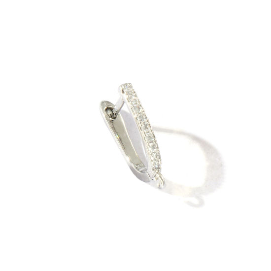 Picture of 2 PCs Brass Micro Pave Huggie Hoop Earrings Wholesale Real Platinum Plated U Shaped Clear Cubic Zirconia With Loop 17mm x 13mm, Post/ Wire Size: 0.7mm(21 gauge)