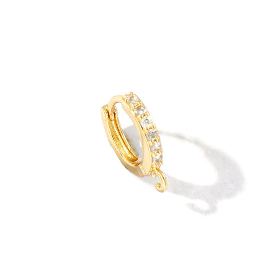 Picture of 2 PCs Brass Micro Pave Huggie Hoop Earrings Wholesale 18K Real Gold Plated Round Clear Cubic Zirconia With Loop 14mm x 12mm, Post/ Wire Size: 0.7mm(21 gauge)