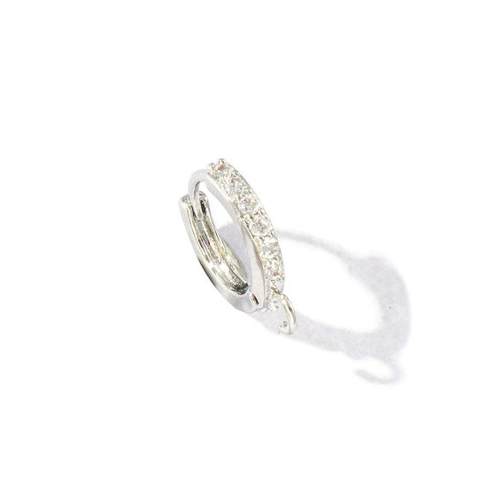 Picture of 2 PCs Brass Micro Pave Huggie Hoop Earrings Wholesale Real Platinum Plated Round Clear Cubic Zirconia With Loop 14mm x 12mm, Post/ Wire Size: 0.7mm(21 gauge)