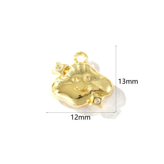 Picture of 2 PCs Brass Weather Collection Charms Wholesale 18K Real Gold Plated Cloud Smile Clear Cubic Zirconia 13mm x 12mm