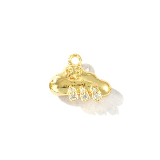 Picture of 2 PCs Brass Weather Collection Charms Wholesale 18K Real Gold Plated Cloud Smile Clear Cubic Zirconia 12mm x 10mm