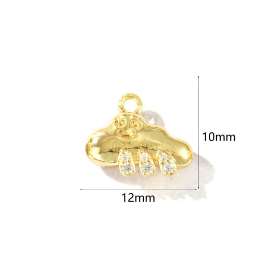Picture of 2 PCs Brass Weather Collection Charms Wholesale 18K Real Gold Plated Cloud Smile Clear Cubic Zirconia 12mm x 10mm