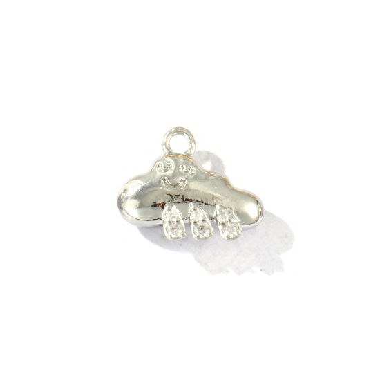 Picture of 2 PCs Brass Weather Collection Charms Wholesale Real Platinum Plated Cloud Smile Clear Cubic Zirconia 12mm x 10mm