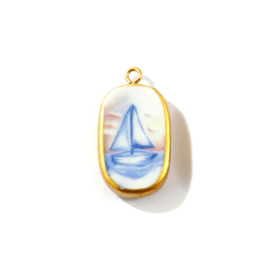 Picture of 2 PCs Eco-friendly PVD Waterproof Anti-Tarnish Hypoallergenic 304 Stainless Steel & Ceramic Pendants Wholesale 18K Real Gold Plated Blue Oval Sailing Boat Printed 3cm x 1.6cm