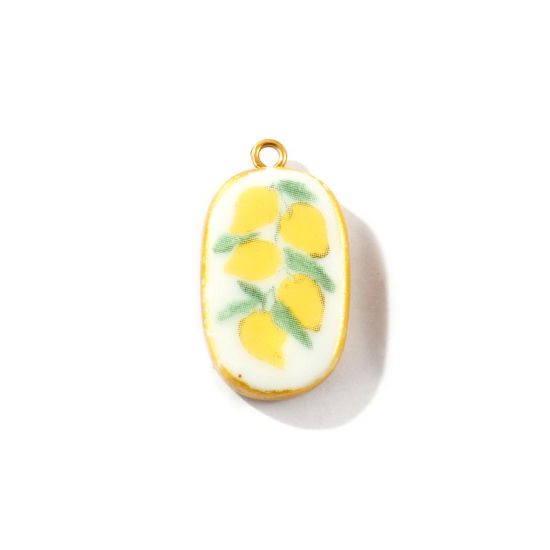 Picture of 2 PCs Eco-friendly PVD Waterproof Anti-Tarnish Hypoallergenic 304 Stainless Steel & Ceramic Pendants Wholesale 18K Real Gold Plated Yellow Oval Lemon Printed 3cm x 1.6cm