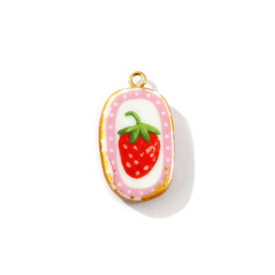 Picture of 2 PCs Eco-friendly PVD Waterproof Anti-Tarnish Hypoallergenic 304 Stainless Steel & Ceramic Pendants Wholesale 18K Real Gold Plated Red Oval Strawberry Fruit Printed 3cm x 1.6cm