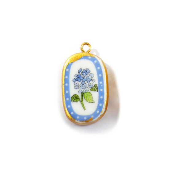 Picture of 2 PCs Eco-friendly PVD Waterproof Anti-Tarnish Hypoallergenic 304 Stainless Steel & Ceramic Pendants Wholesale 18K Real Gold Plated Blue Oval Hydrangea Flower Printed 3cm x 1.6cm