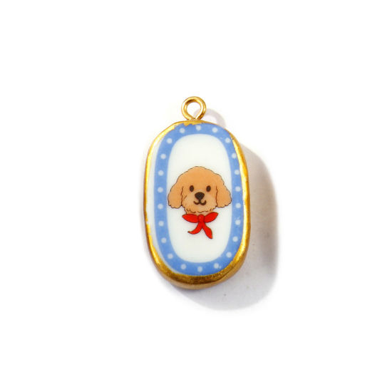 Picture of 2 PCs Eco-friendly PVD Waterproof Anti-Tarnish Hypoallergenic 304 Stainless Steel & Ceramic Pendants Wholesale 18K Real Gold Plated Light Brown Oval Dog Printed 3cm x 1.6cm