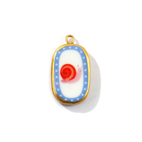 Picture of 2 PCs Eco-friendly PVD Waterproof Anti-Tarnish Hypoallergenic 304 Stainless Steel & Ceramic Pendants Wholesale 18K Real Gold Plated Red Oval Snail Printed 3cm x 1.6cm