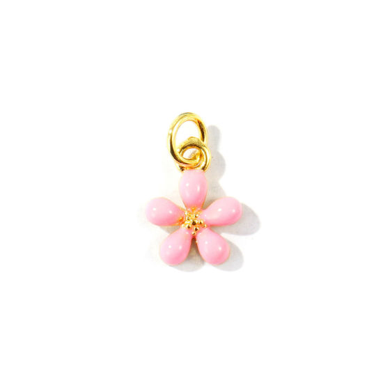 Picture of 2 PCs Eco-friendly Brass Charms Wholesale 18K Real Gold Plated Pink Enamel Flower Mini 14mm x 9mm