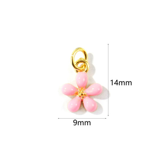 Picture of 2 PCs Eco-friendly Brass Charms Wholesale 18K Real Gold Plated Pink Enamel Flower Mini 14mm x 9mm