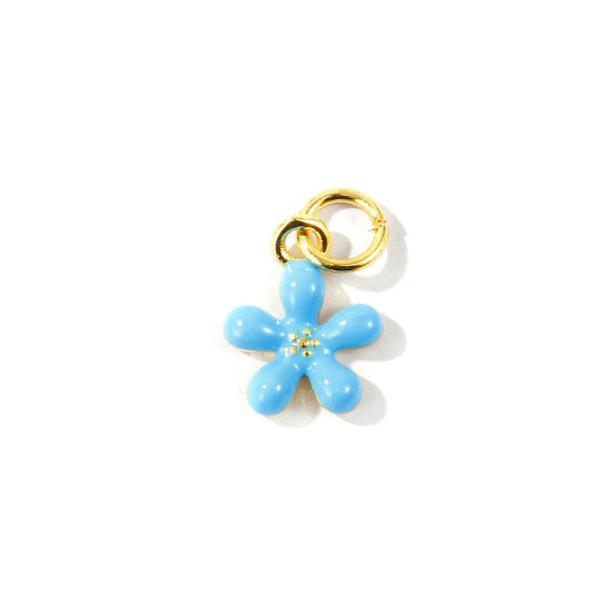 Picture of 2 PCs Eco-friendly Brass Charms Wholesale 18K Real Gold Plated Blue Enamel Flower Mini 14mm x 9mm